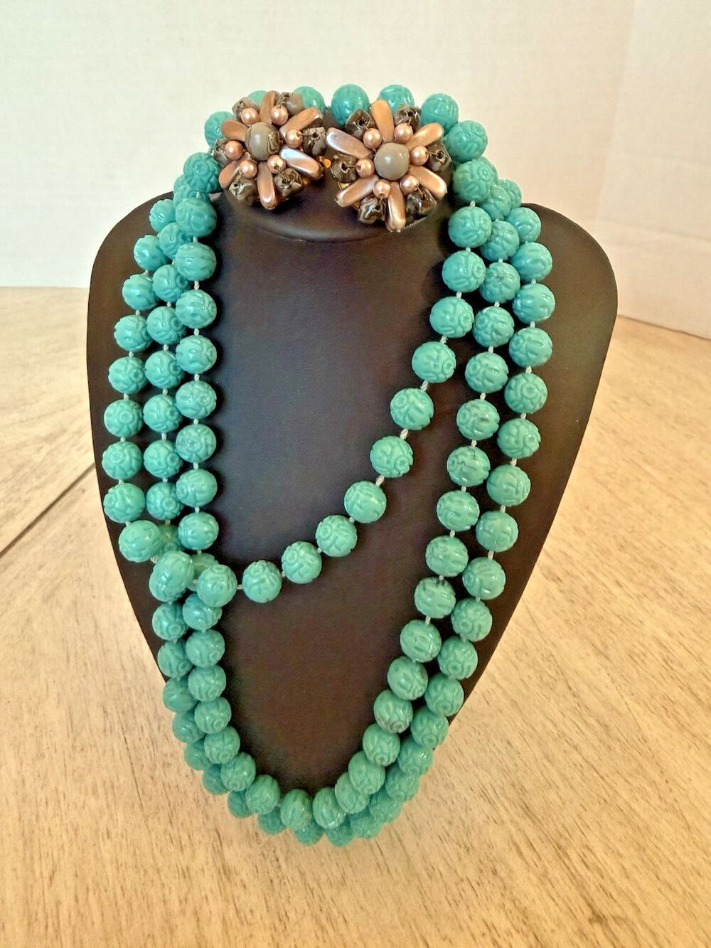 Chinese Carved Turquoise Shou Bead Necklace Floral Earrings Hong Kong Vtg Read